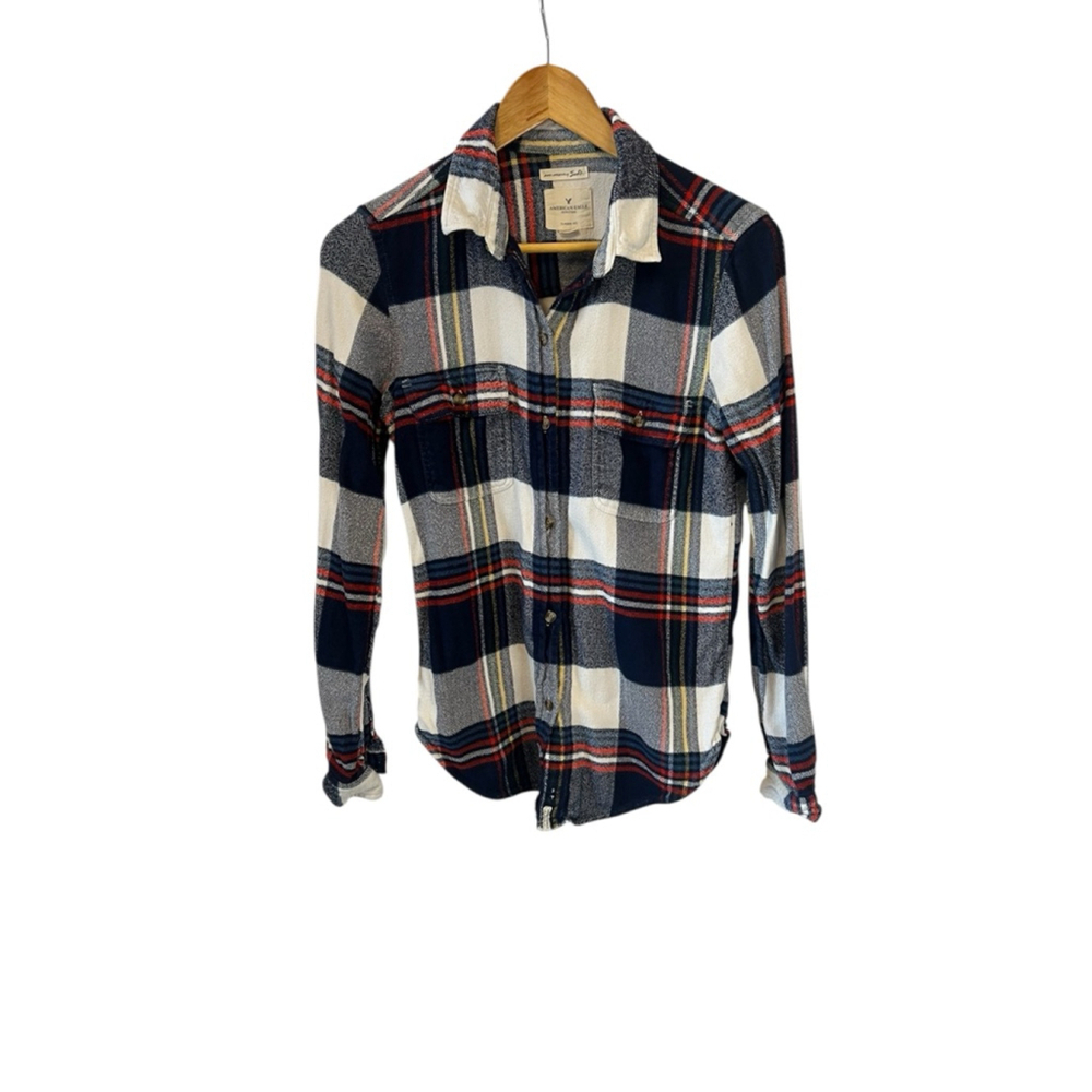 Women's American Eagle Flannel Plaid Button Down Shirt S Blue White Long Top